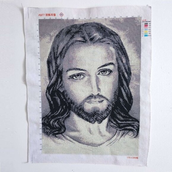 Hand Embroidered Jesus Christ Portrait Needlepoint Stitched Canvas Tapestry - Picture 1 of 7